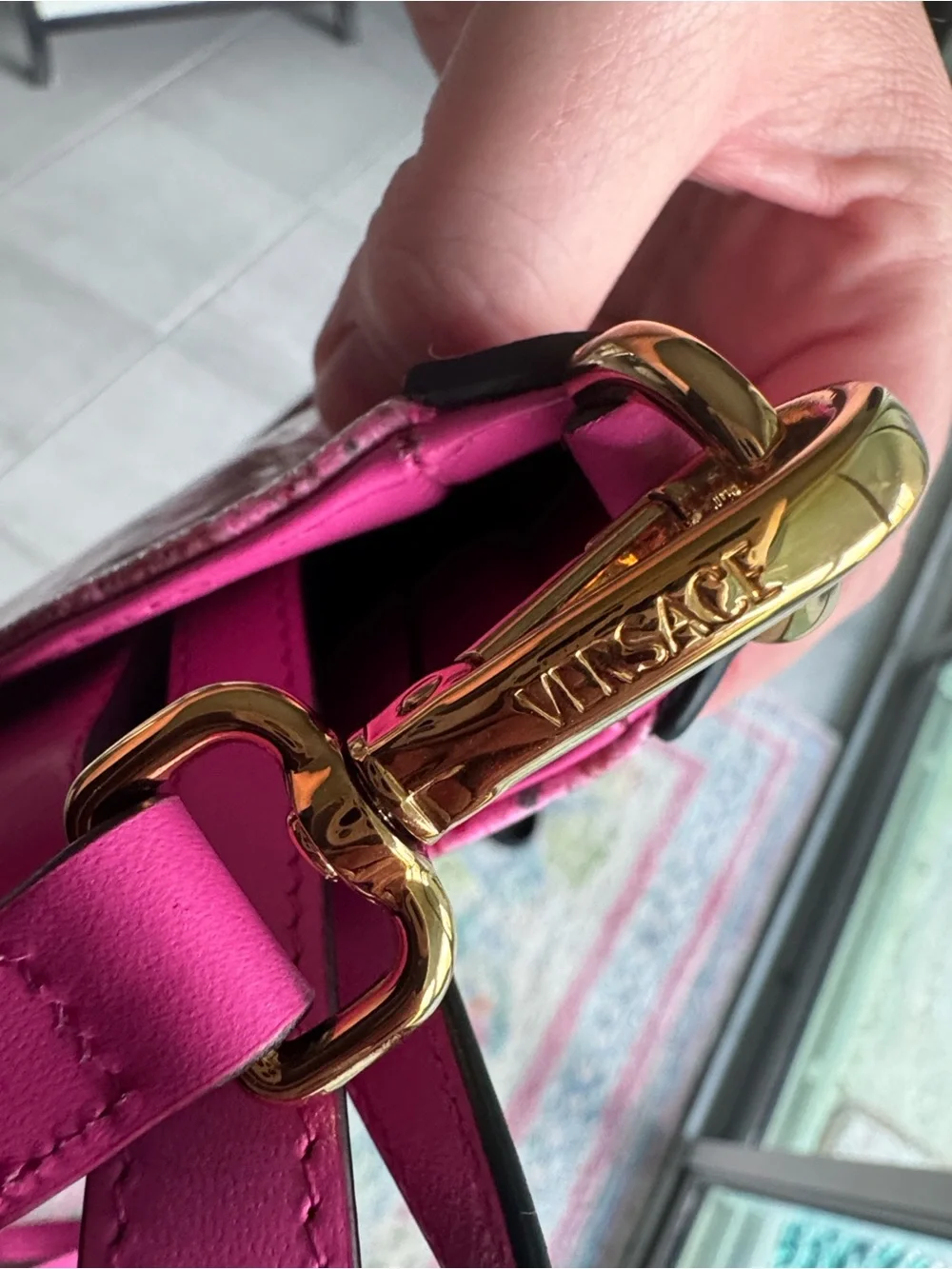 Versace Pink Glossy Tweed and Leather-Trim Two Way Bag with Gold Medusa EEEUC